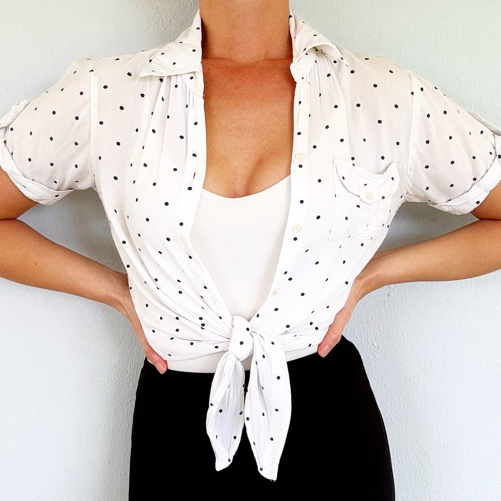 Japna black and white polka dot tie front button down blouse size XS